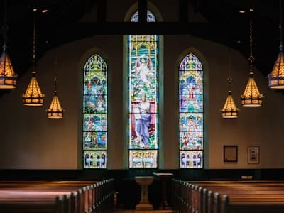 Church exterior with discreet security presence