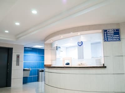 Hospital interior with professional security presence