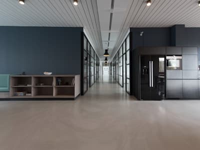 Modern office building lobby with security presence